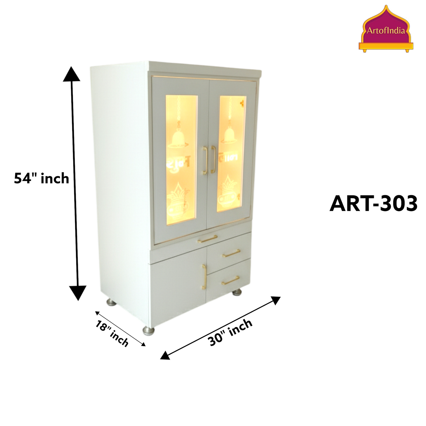 ARTOFINDIA White Wooden Pooja Mandir With Om Glass &  Glass Doors and Drawers Included Tray