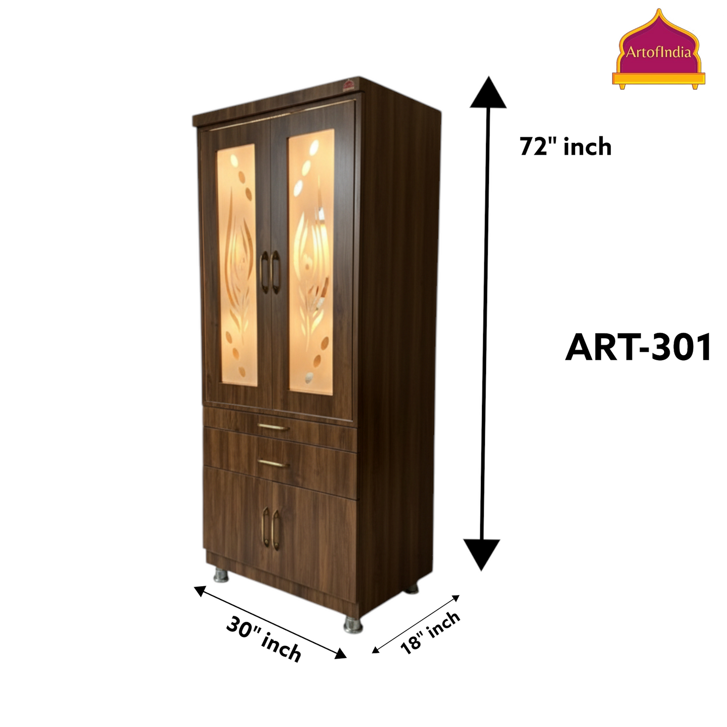 ARTOFINDIA Brown Wooden Pooja Mandir With Mor Pankh Glass Door & and Drawers Included Tray