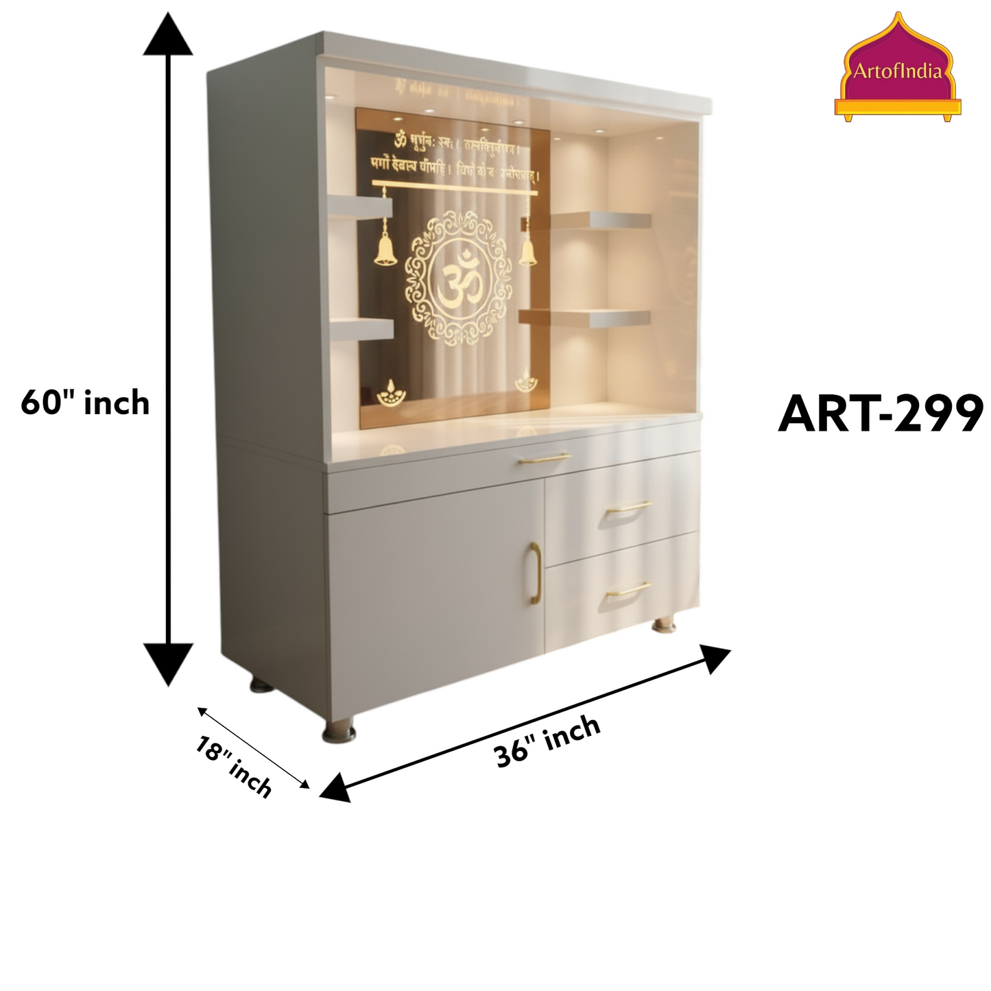 ARTOFINDIA White Wooden Pooja Mandir With  Om Glass  & Shelfs and Drawers Included Tray