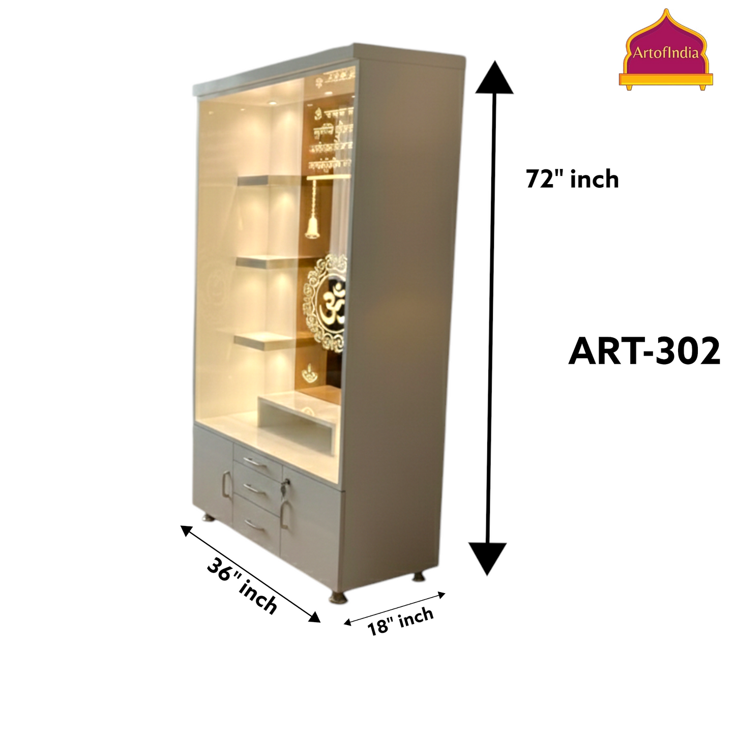 ARTOFINDIA White Wooden Pooja Mandir With Om Glass & and Drawers Included Tray