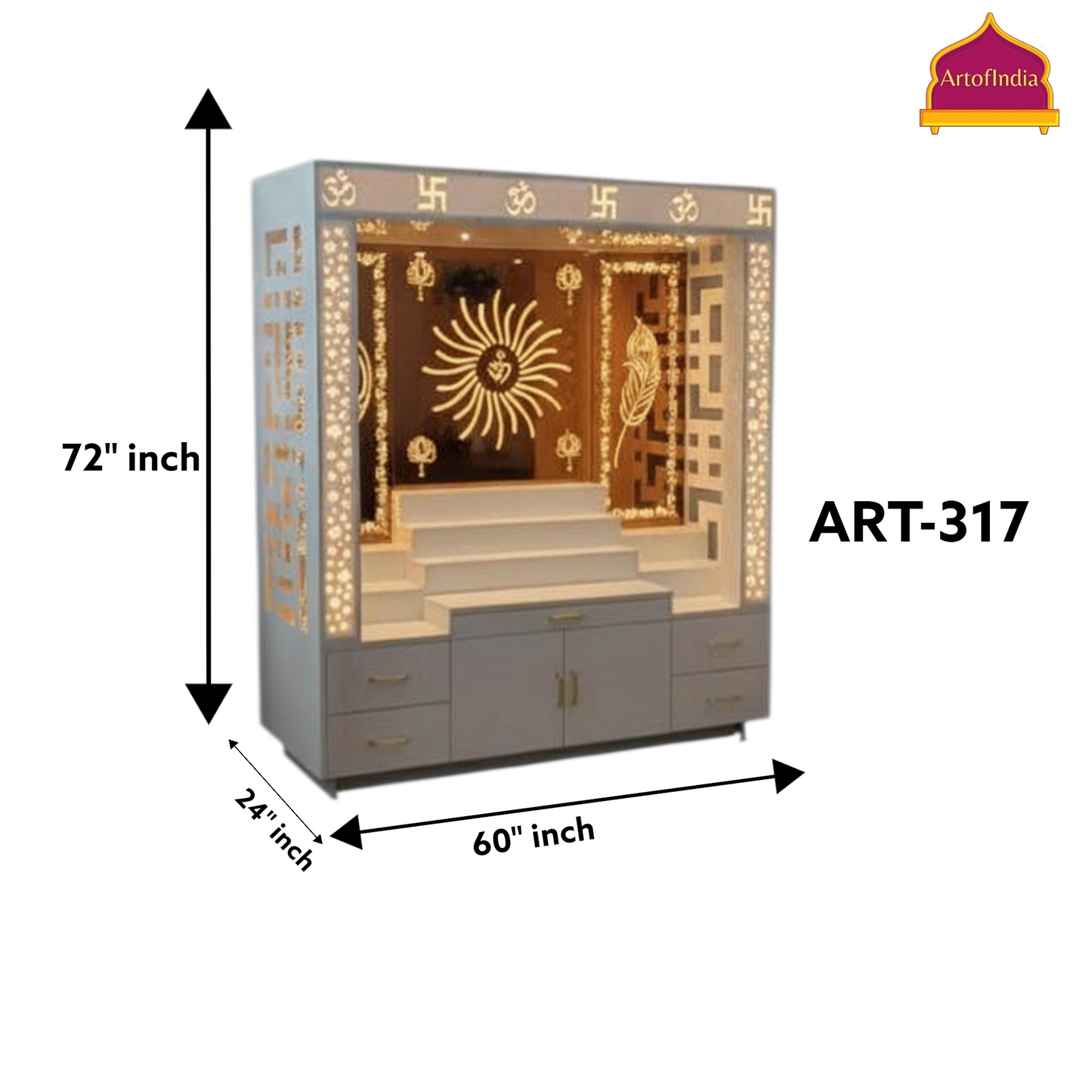 ARTOFINDIA White Wooden Pooja Mandir With Om Design Glass With  Drawers Included Tray