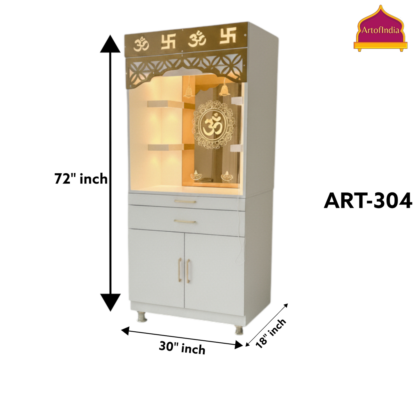 ARTOFINDIA White Wooden Pooja Mandir With Om Glass &  Glass Doors and Drawers Included Tray