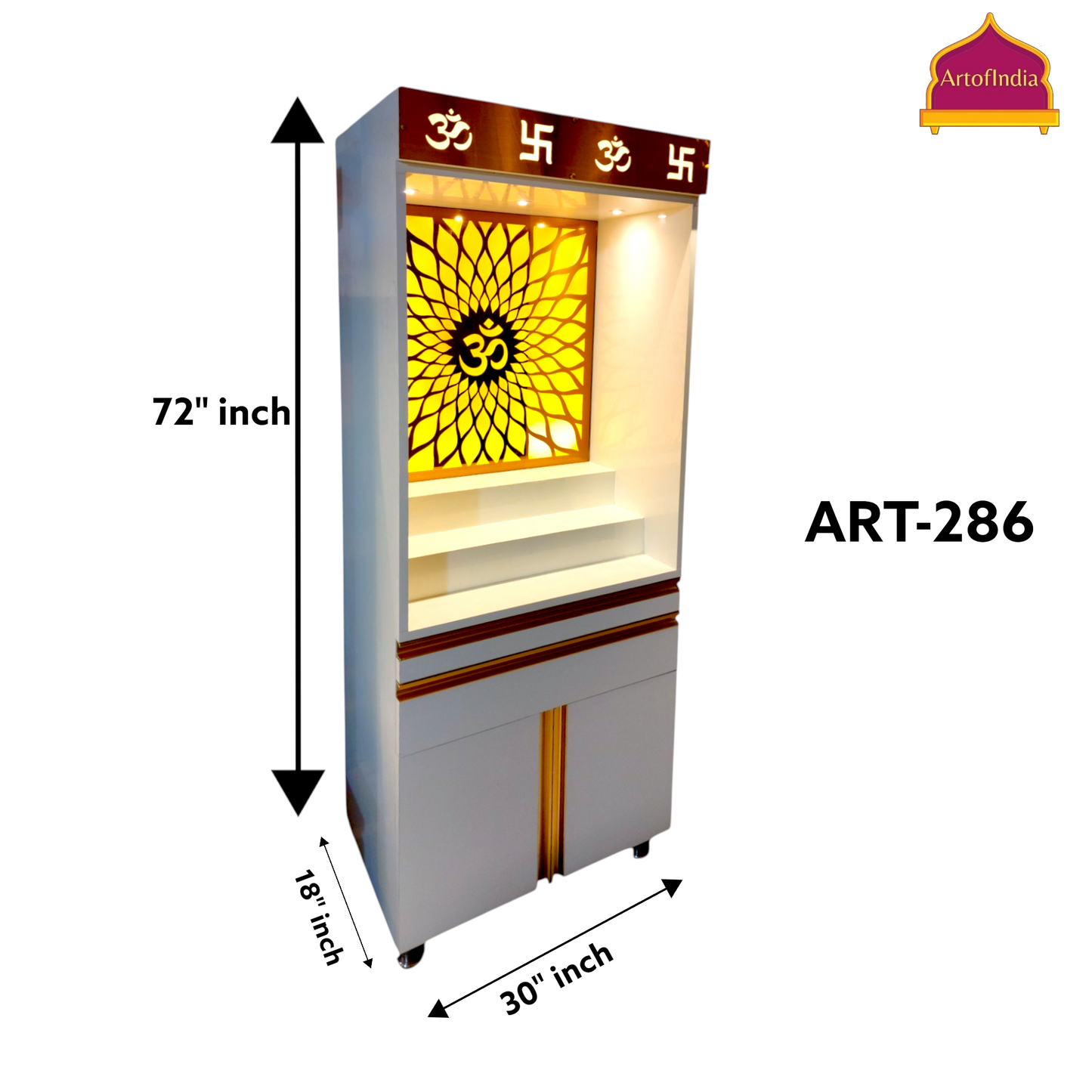 ARTOFINDIA White Wooden Pooja Mandir With Om Glass  and Drawers Included Tray