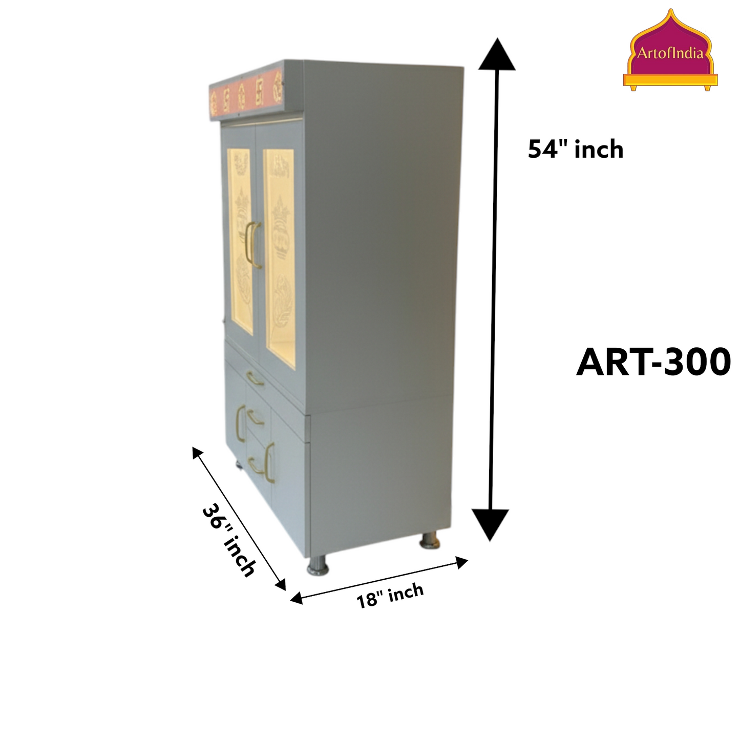 ARTOFINDIA White Wooden Pooja Mandir With  Mor Pankh Glass   &  and Drawers Included Tray