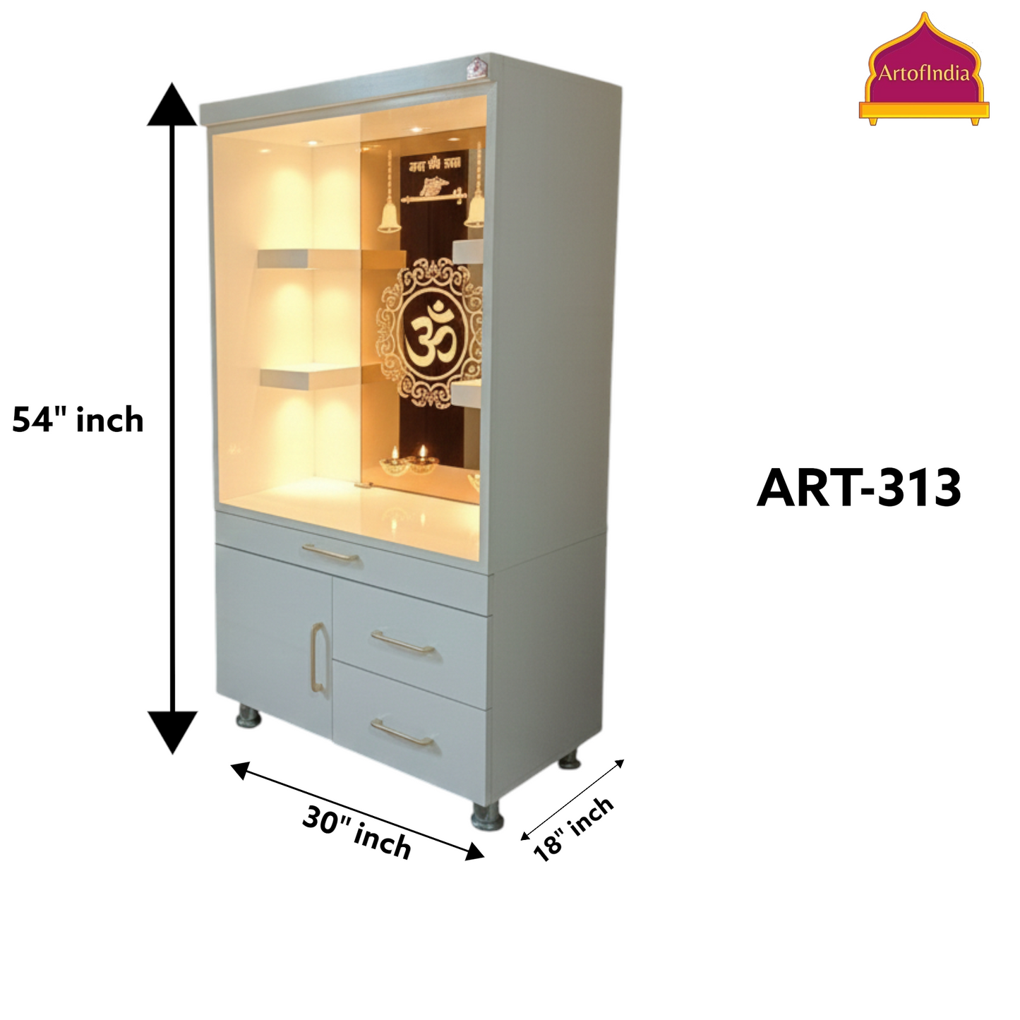 ARTOFINDIA White Wooden Pooja Mandir With Om Design Glass  and Drawers Included Tray