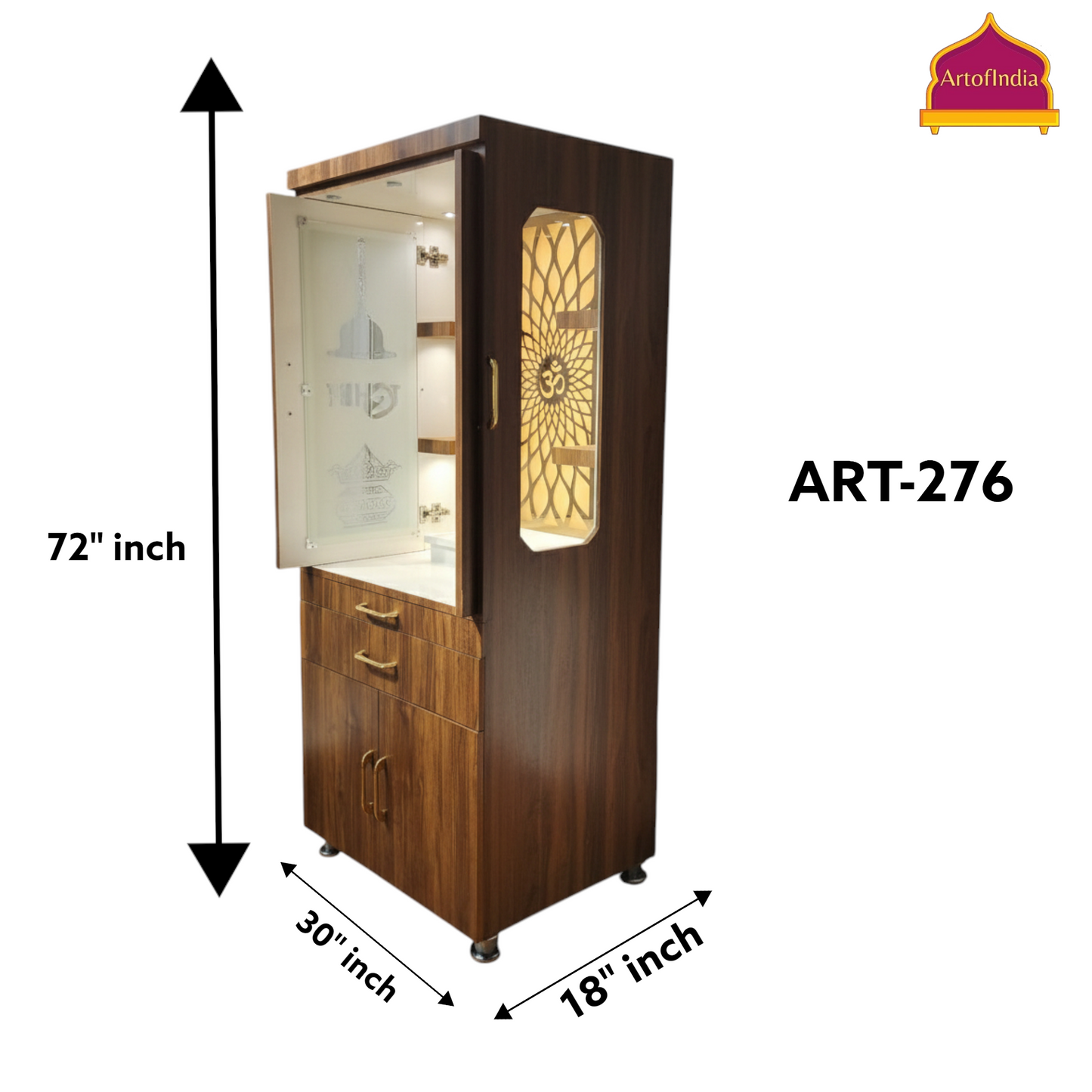 ARTOFINDIA Brown  Wooden Pooja Mandir With doors ,Om Glass  with shelfs  and drawers &tray