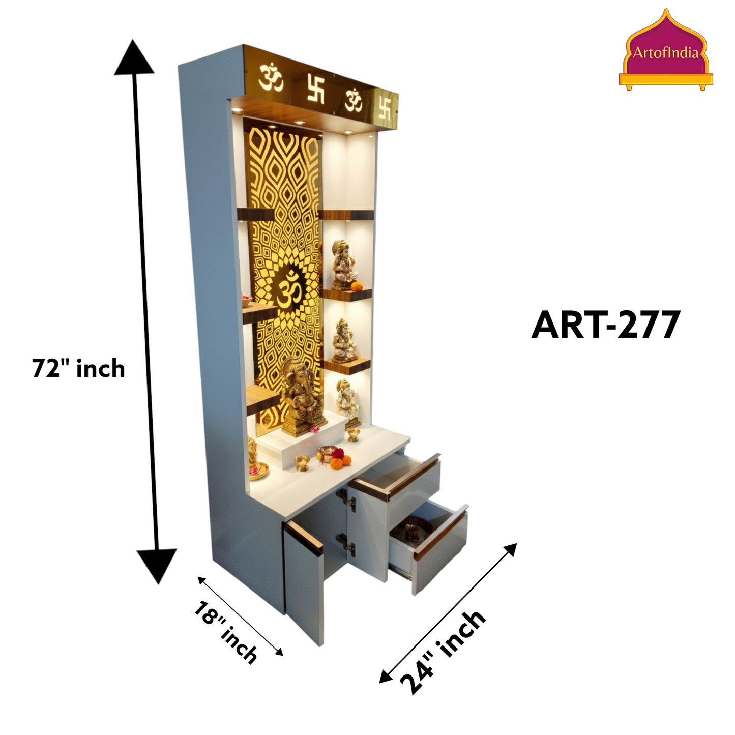 ARTOFINDIA White  Wooden Pooja Mandir With Profile Channel  & Om jali  with shelfs  and drawers &tray