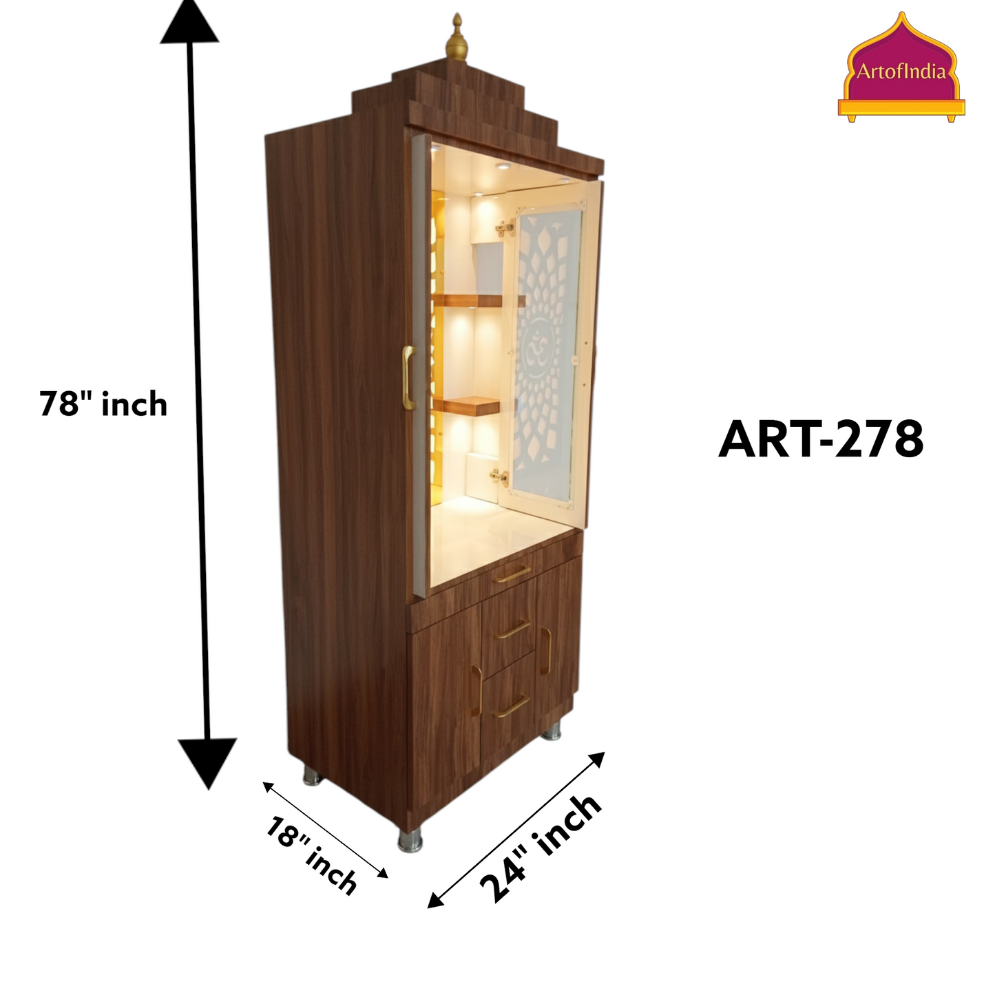 ARTOFINDIA White  Wooden Pooja Mandir With Gumbad & Om jali  with shelfs  and drawers &tray