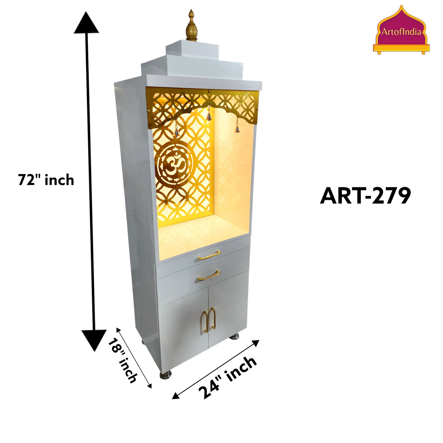 ARTOFINDIA White  Wooden Pooja Mandir With Gumbad & Om jali  with Mehrab  jali and drawers &tray