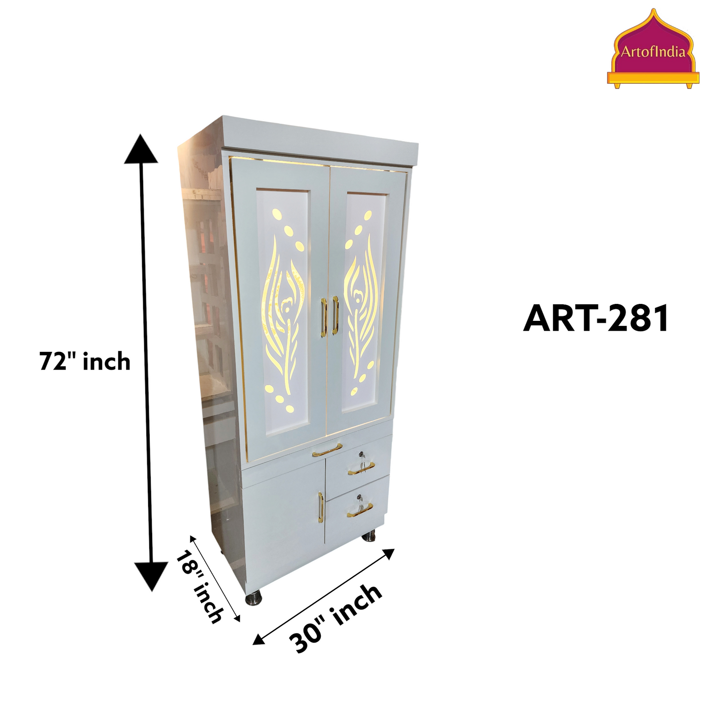 ARTOFINDIA White Wooden Pooja Mandir  With mor pankh door & Shri Radha Design with shelfs  and drawers & tray