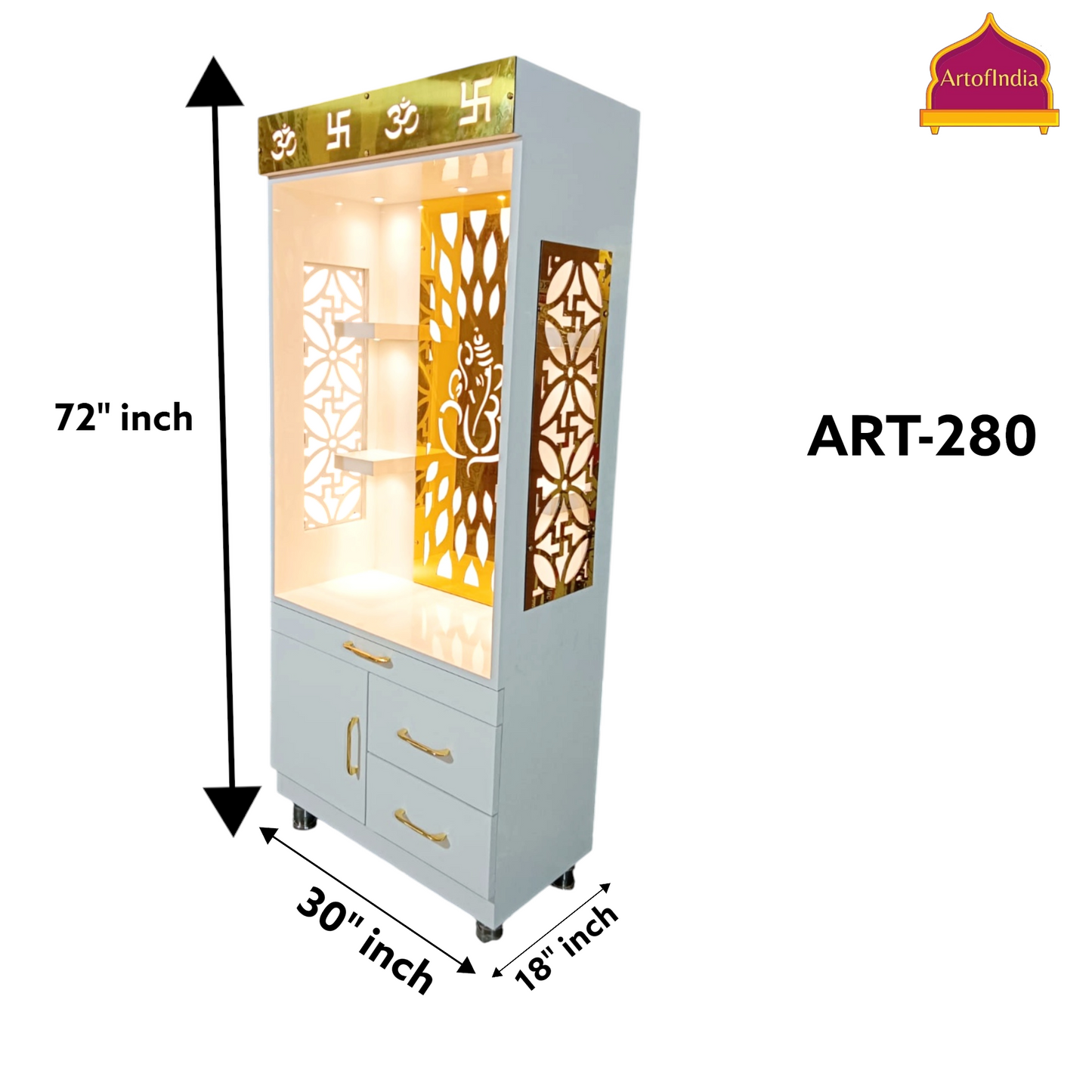ARTOFINDIA White Wooden Pooja Mandir  ,Ganesha & side jali  with shelfs  and drawers & tray