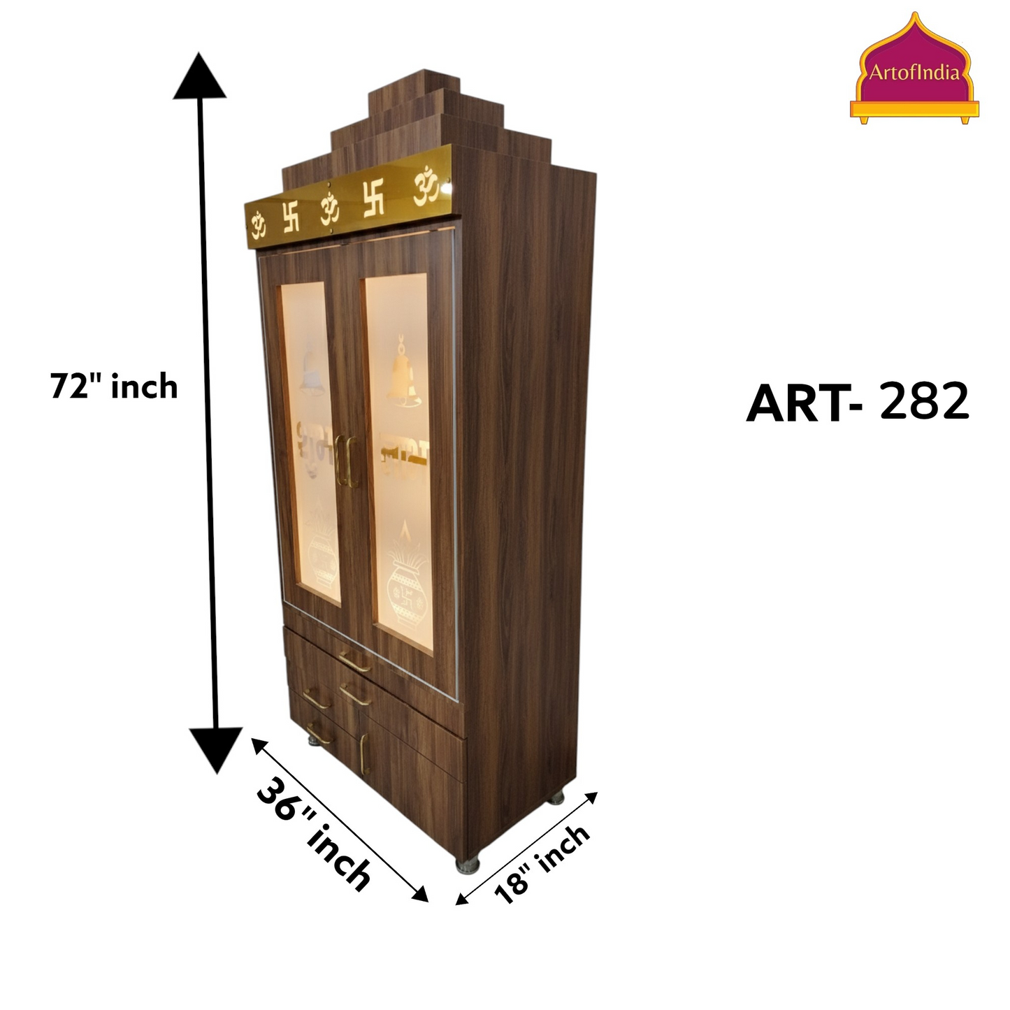 ARTOFINDIA BrownWooden Pooja Mandir  With glass door  & Gumbad  ,shelfs  and drawers & tray