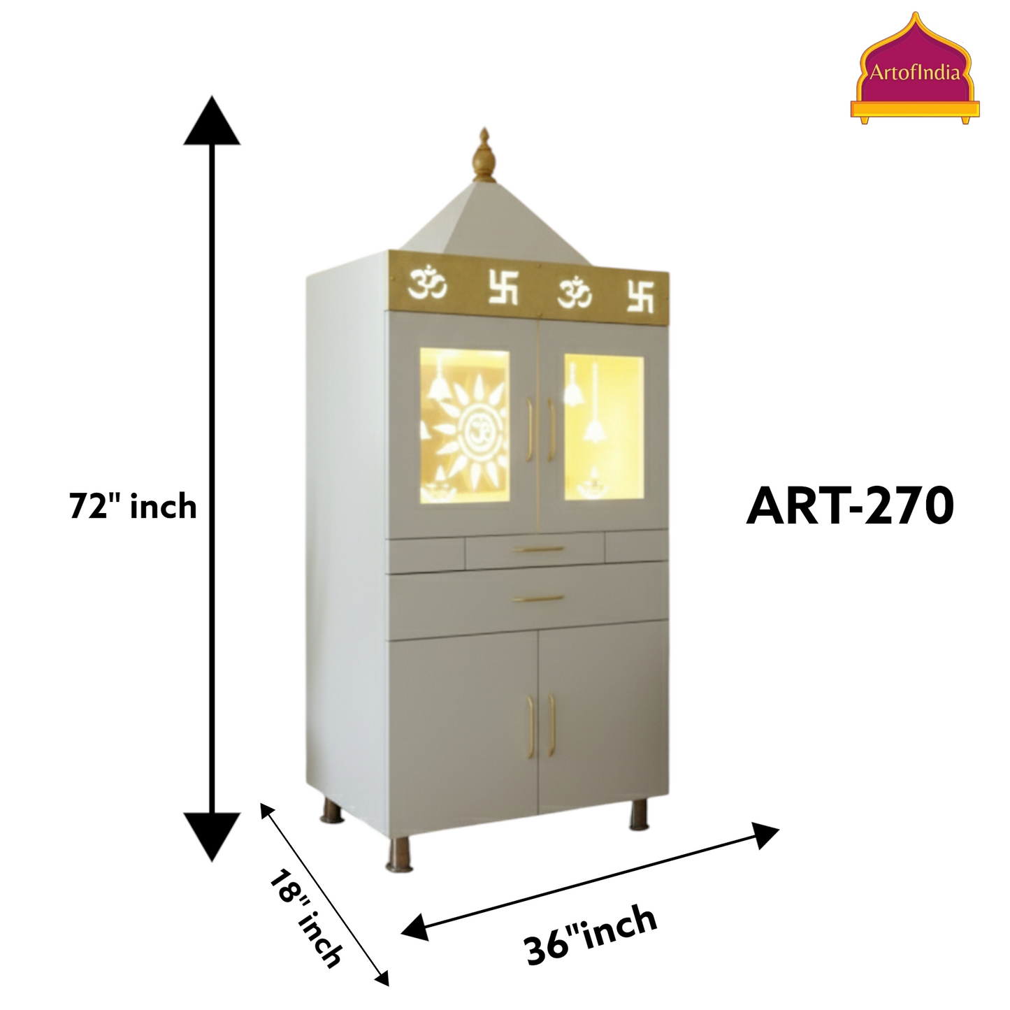ARTOFINDIA White Wooden Pooja Mandir Normal Door Inside Cooper Glass Foldable Gumbat