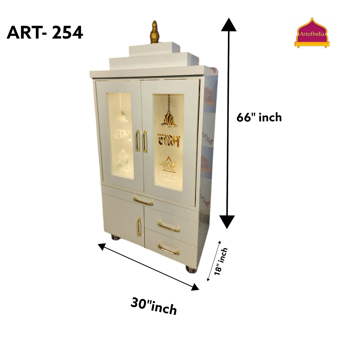 ARTOFINDIA Elegant White Wooden Mandir (OM & SWASTIK) BackGlass With Pocket Glass Doors (Shubh labh & Kalas) & Shelfs For Home / Designer Temple