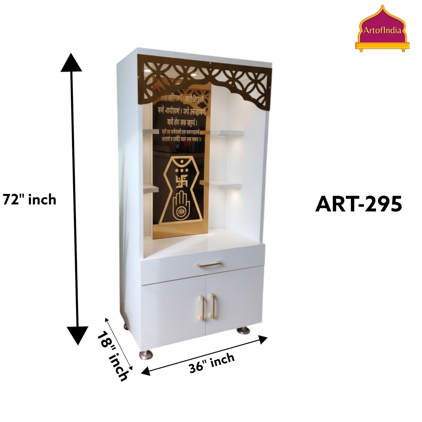 ARTOFINDIA White Wooden Pooja Mandir With Jain Glass  Design and Drawers Included Tray