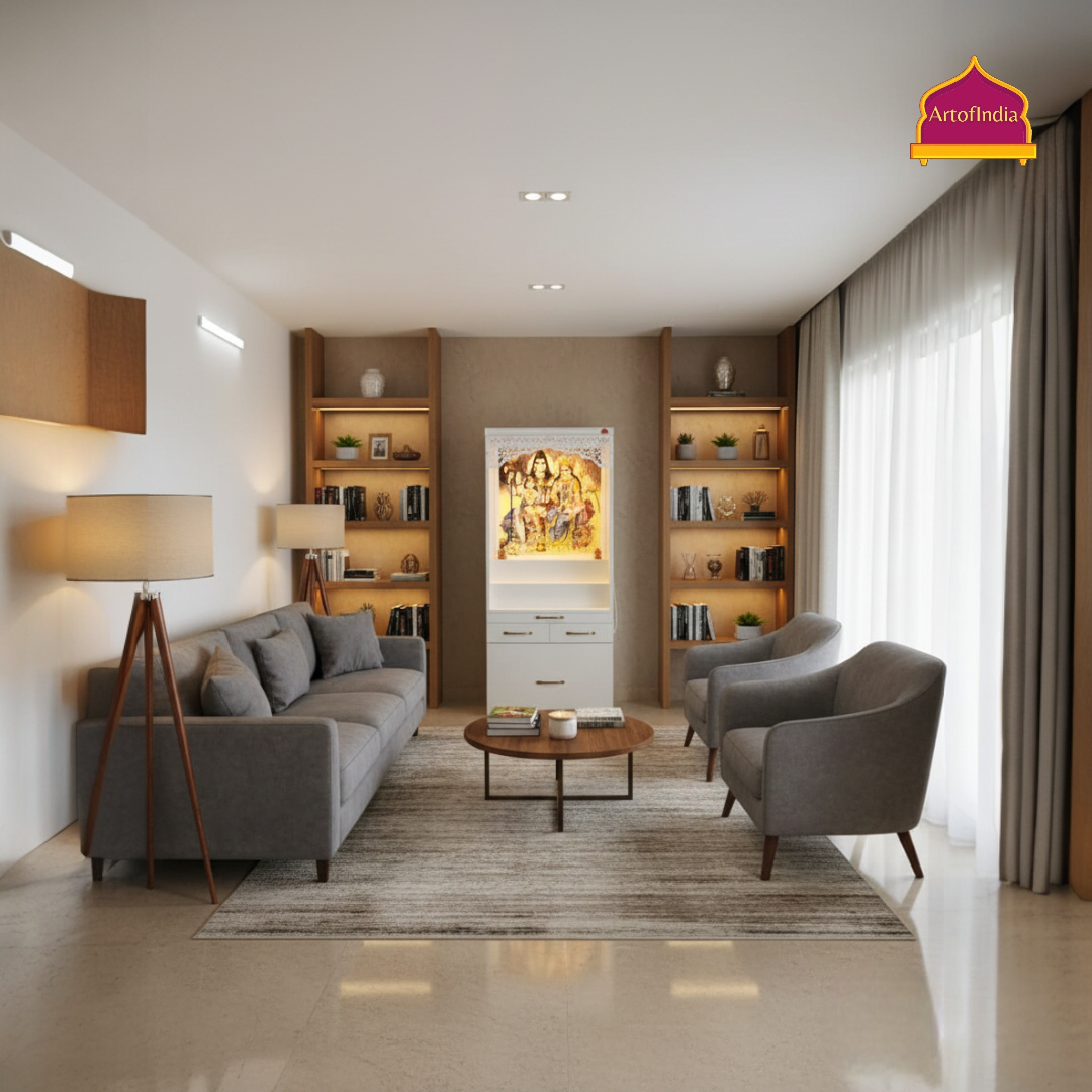 ARTOFINDIA White  Wooden Pooja Mandir With Om Shiv Parivar Design Corian Mandir  With Sitting Stool And Drawers Included Tray