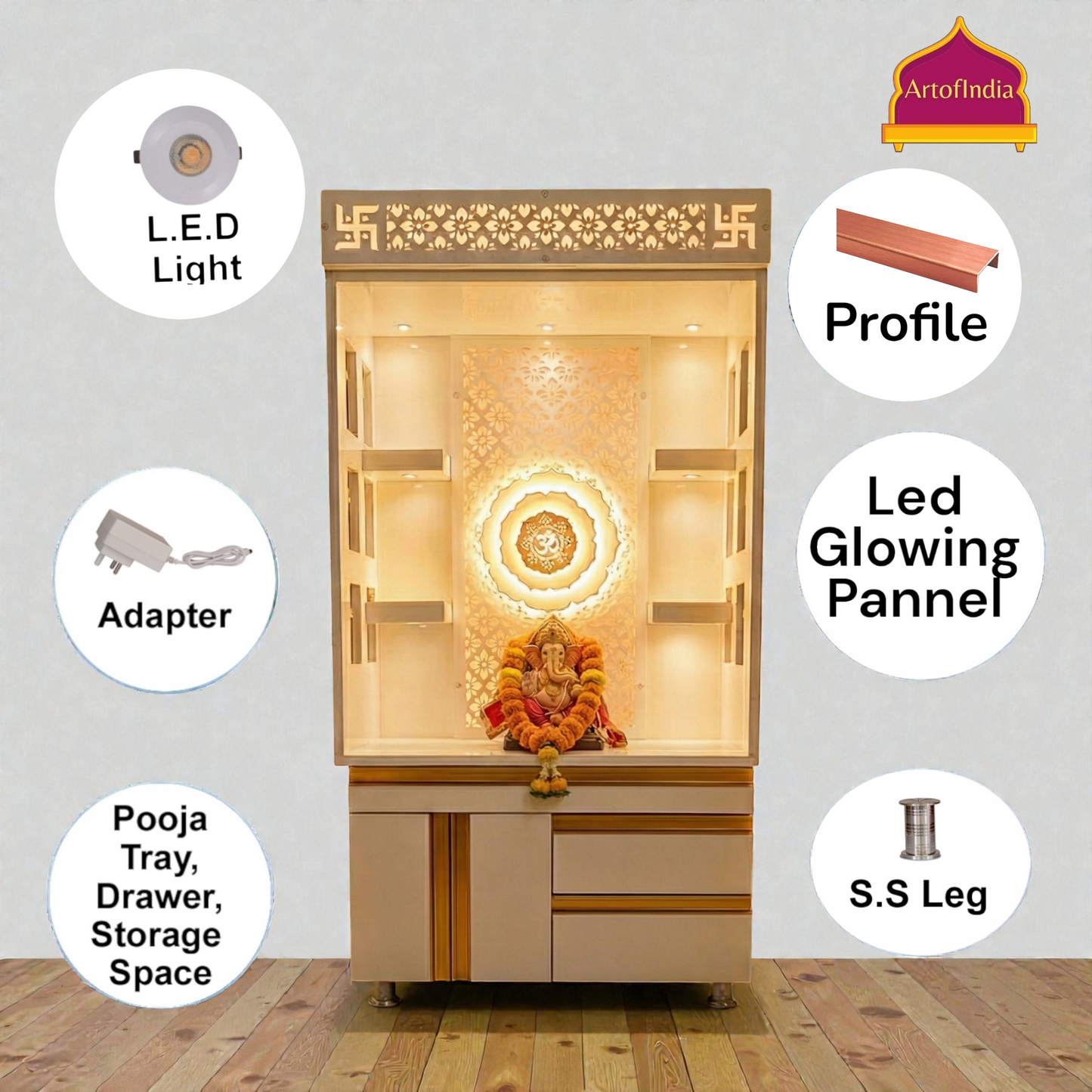 ARTOFINDIA White Wooden Pooja Mandir With Om Design  and Drawers Included Tray