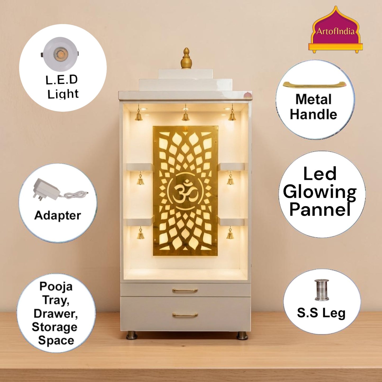 ARTOFINDIA White  Wooden Pooja Mandir  With Om Jali With Bells & Drawers Including Tray