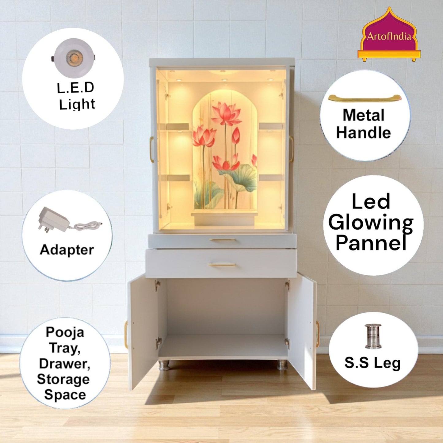 ARTOFINDIA White Wooden Pooja Mandir With Lotus Glass  Design &  Glass Doors and Drawers Included Tray