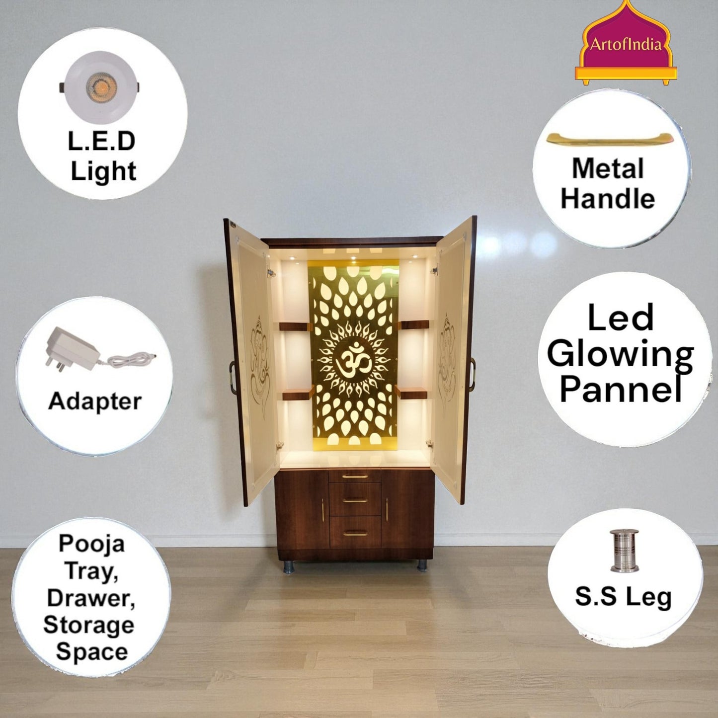 ARTOFINDIA Brown Wooden Pooja Mandir Ganesh Doors ,Om jali  with shelfs  and drawers &tray