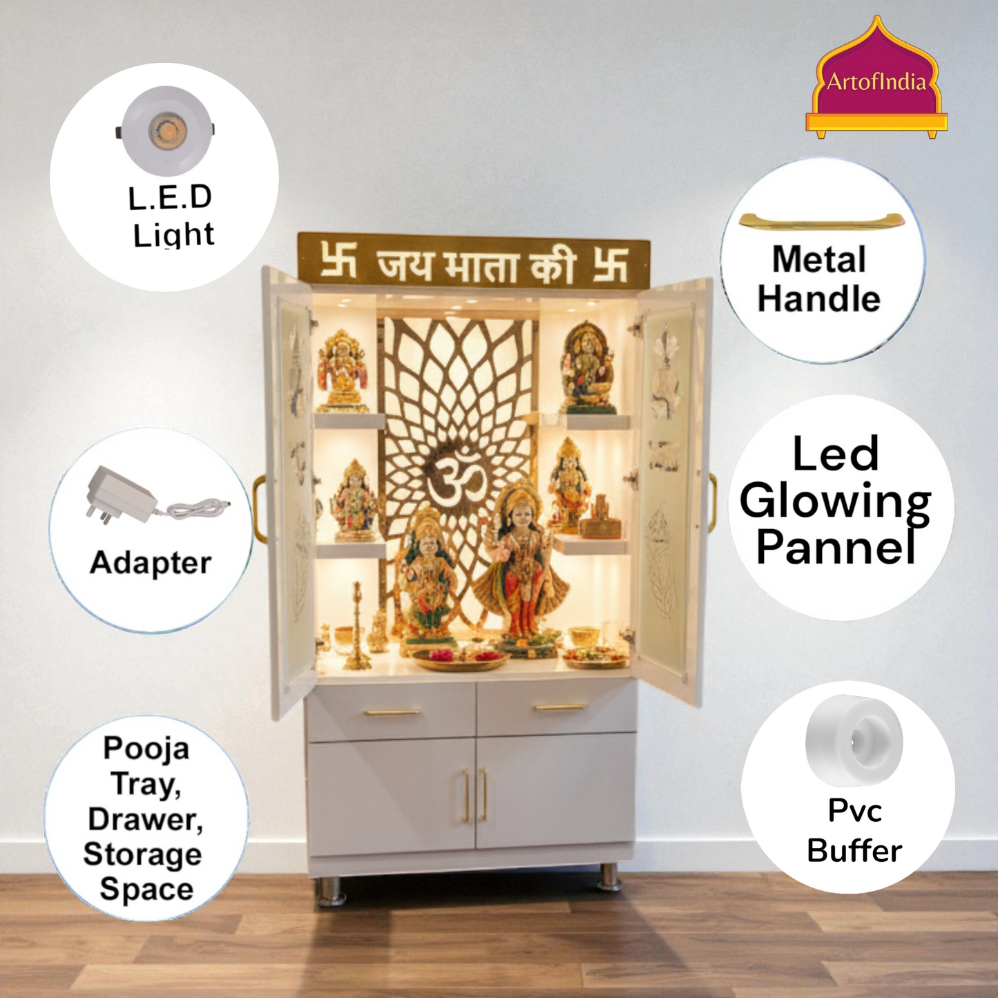 ARTOFINDIA White  Wooden Pooja Mandir With Profile Channel  & Om jali  with shelfs  and drawers &tray