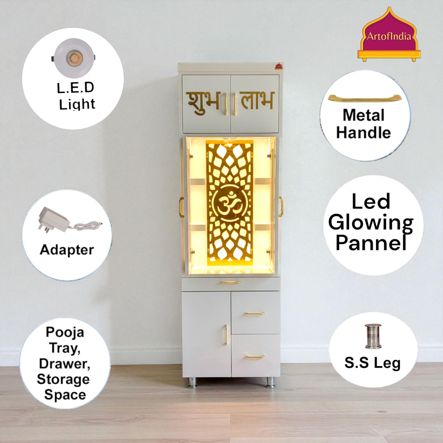 ARTOFINDIA White Wooden Pooja Mandir With  Om Jali & Shelfs and Drawers Included Tray