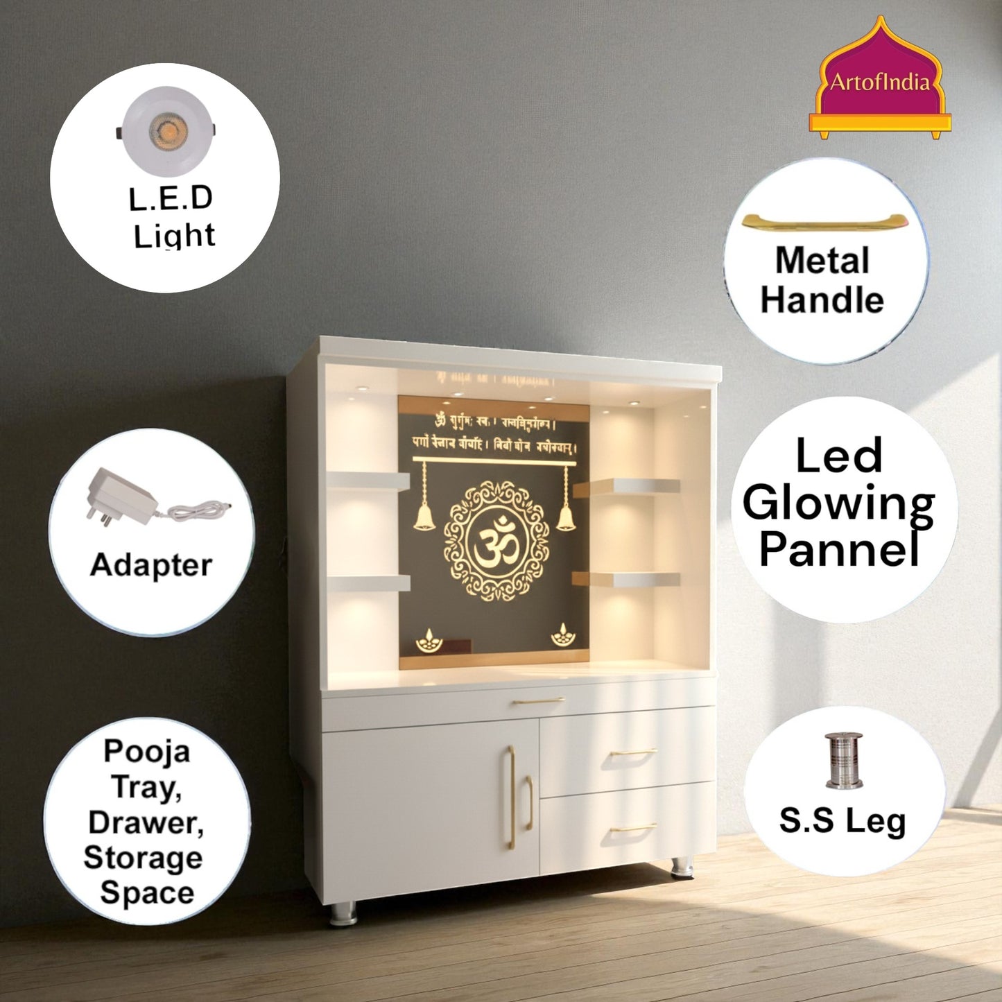 ARTOFINDIA White Wooden Pooja Mandir With  Om Glass  & Shelfs and Drawers Included Tray