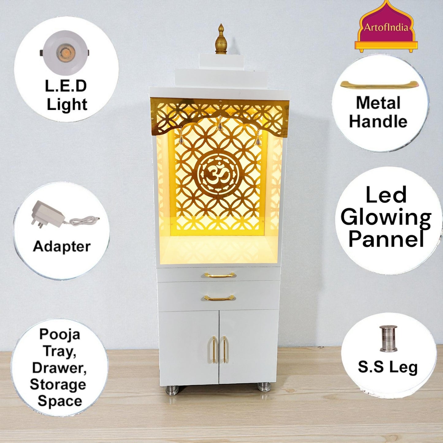 ARTOFINDIA White  Wooden Pooja Mandir With Gumbad & Om jali  with Mehrab  jali and drawers &tray