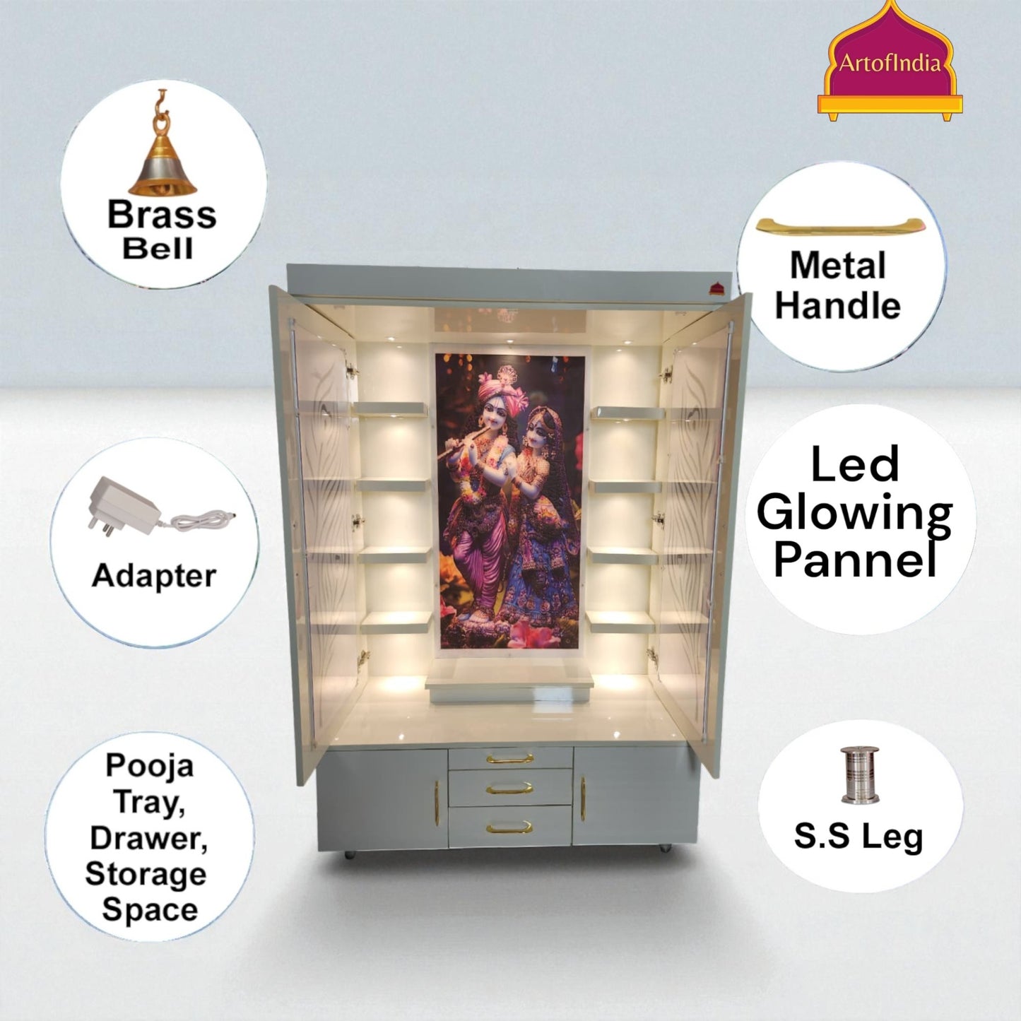 ARTOFINDIA White Corean Pooja Mandir With  Krishna ji Design & Door and Drawers Included Tray