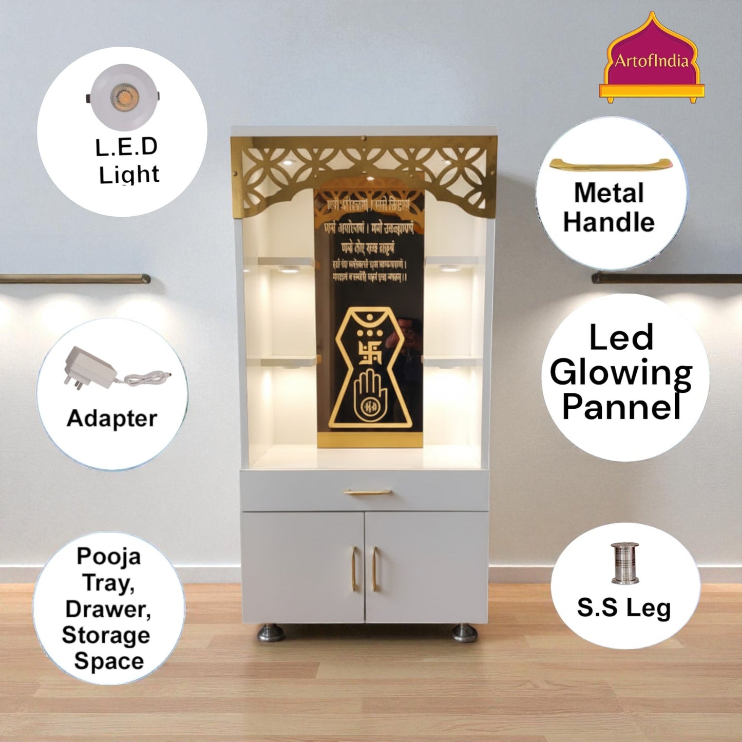 ARTOFINDIA White Wooden Pooja Mandir With Jain Glass  Design and Drawers Included Tray