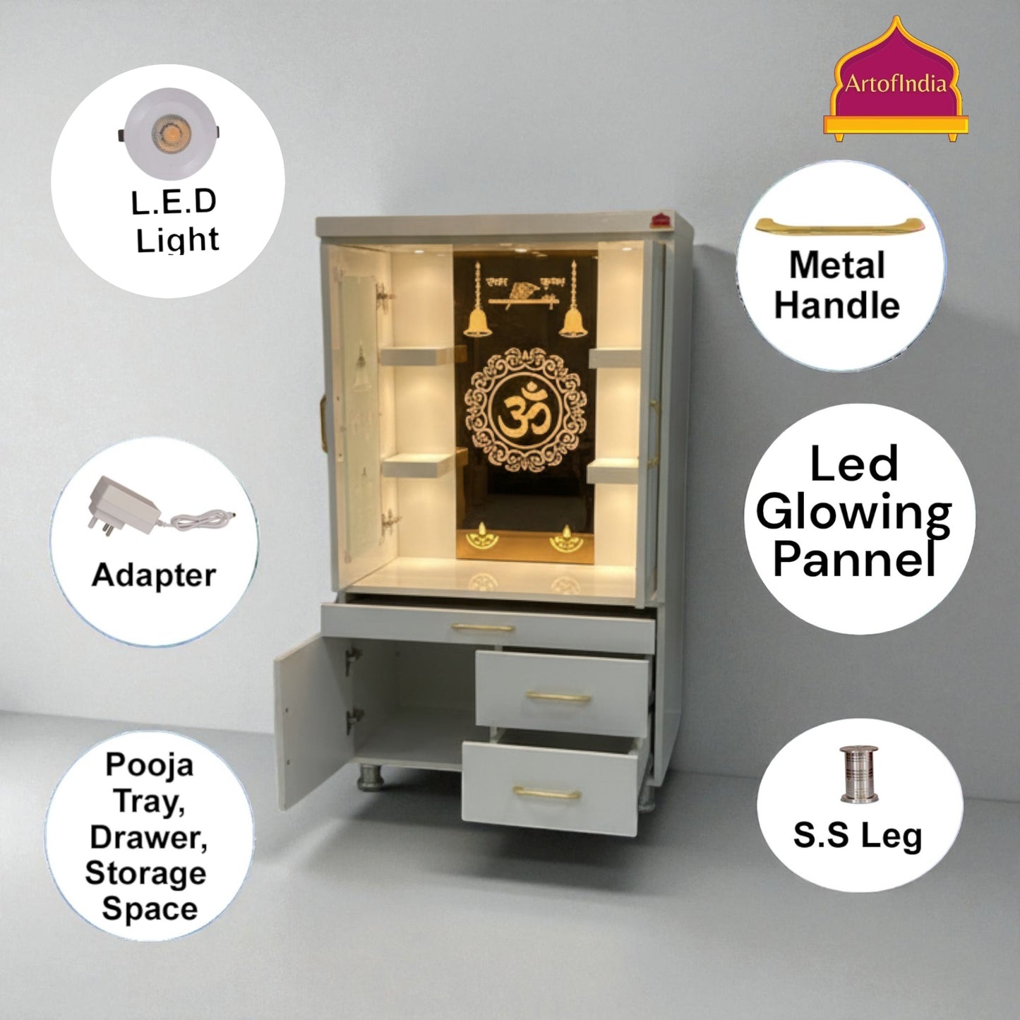 ARTOFINDIA White Wooden Pooja Mandir With Om Glass &  Glass Doors and Drawers Included Tray