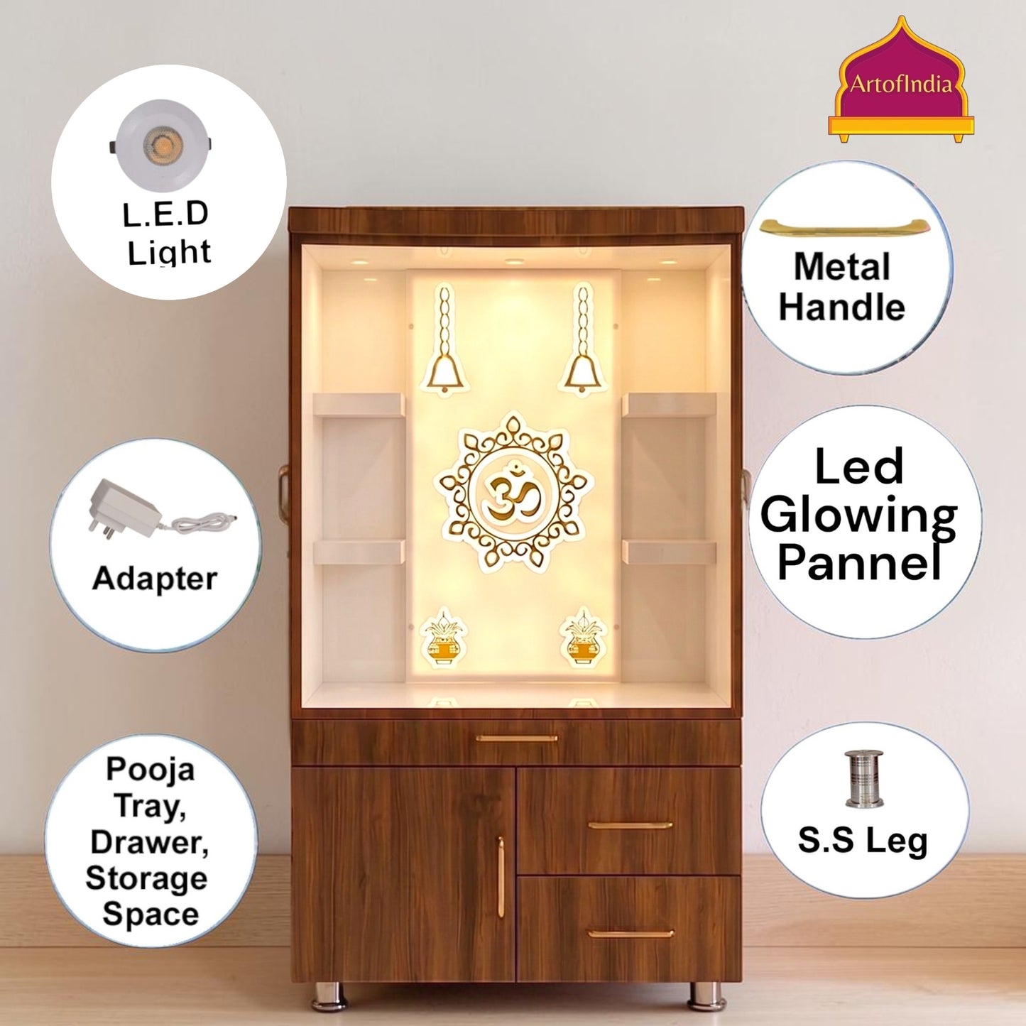 ARTOFINDIA White Brown Wooden Pooja Mandir  With Om Acralyic Design With Drawers Including Tray