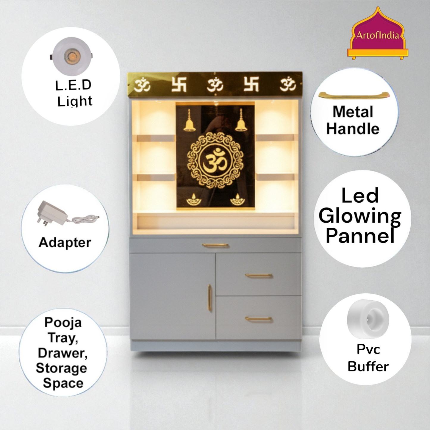 ARTOFINDIA White Wooden Pooja Mandir  With Om Glass  and drawers & tray