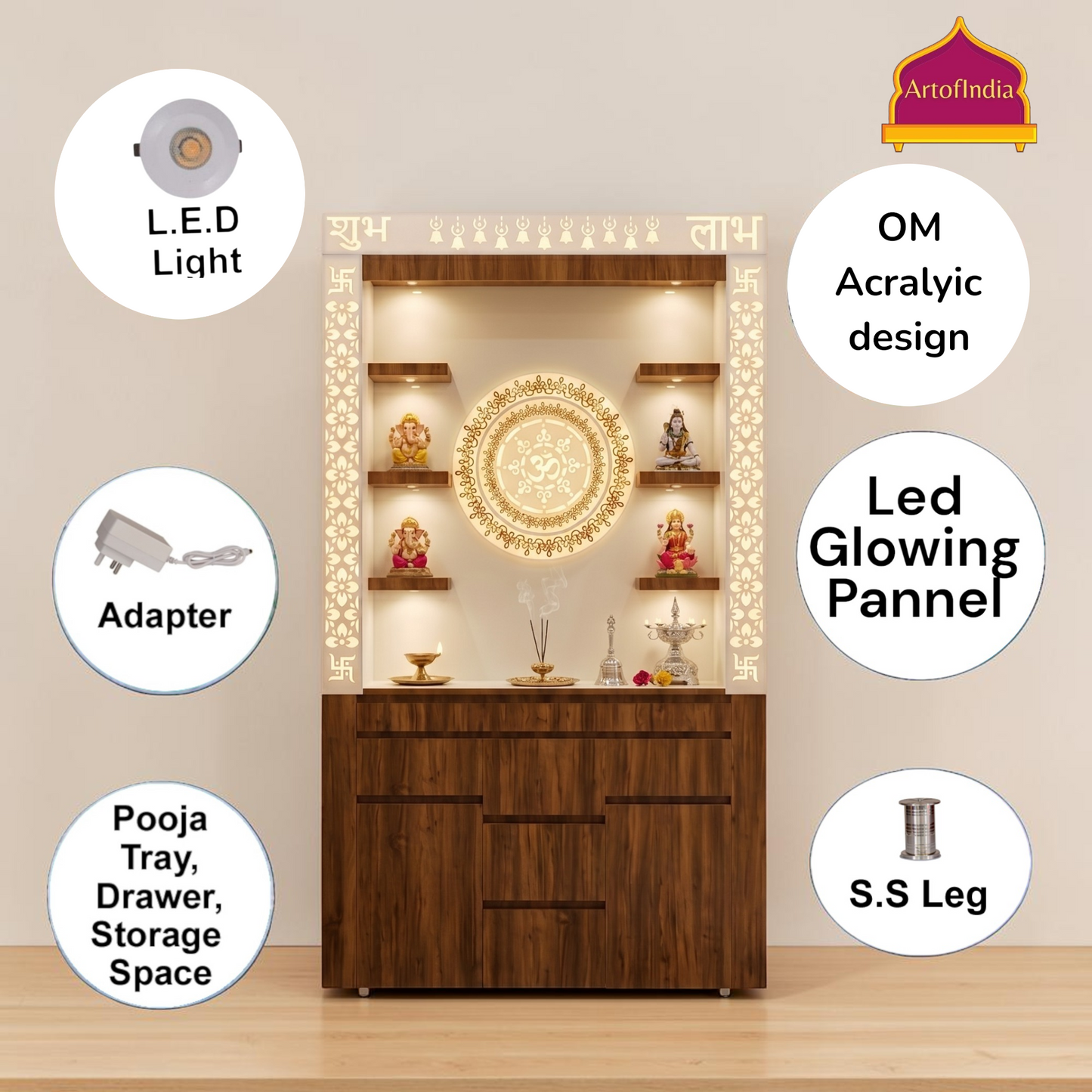 ARTOFINDIA White Brown Wooden Pooja Mandir  With Om  Acrlyic gola With Drawers Including Tray