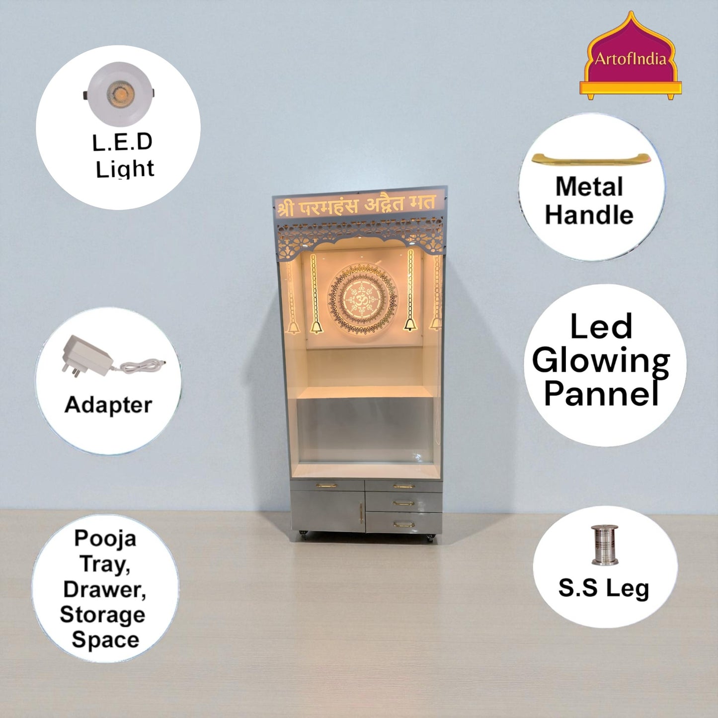 ARTOFINDIA White Wooden Pooja Mandir With Om Design & Step and Drawers Included Tray