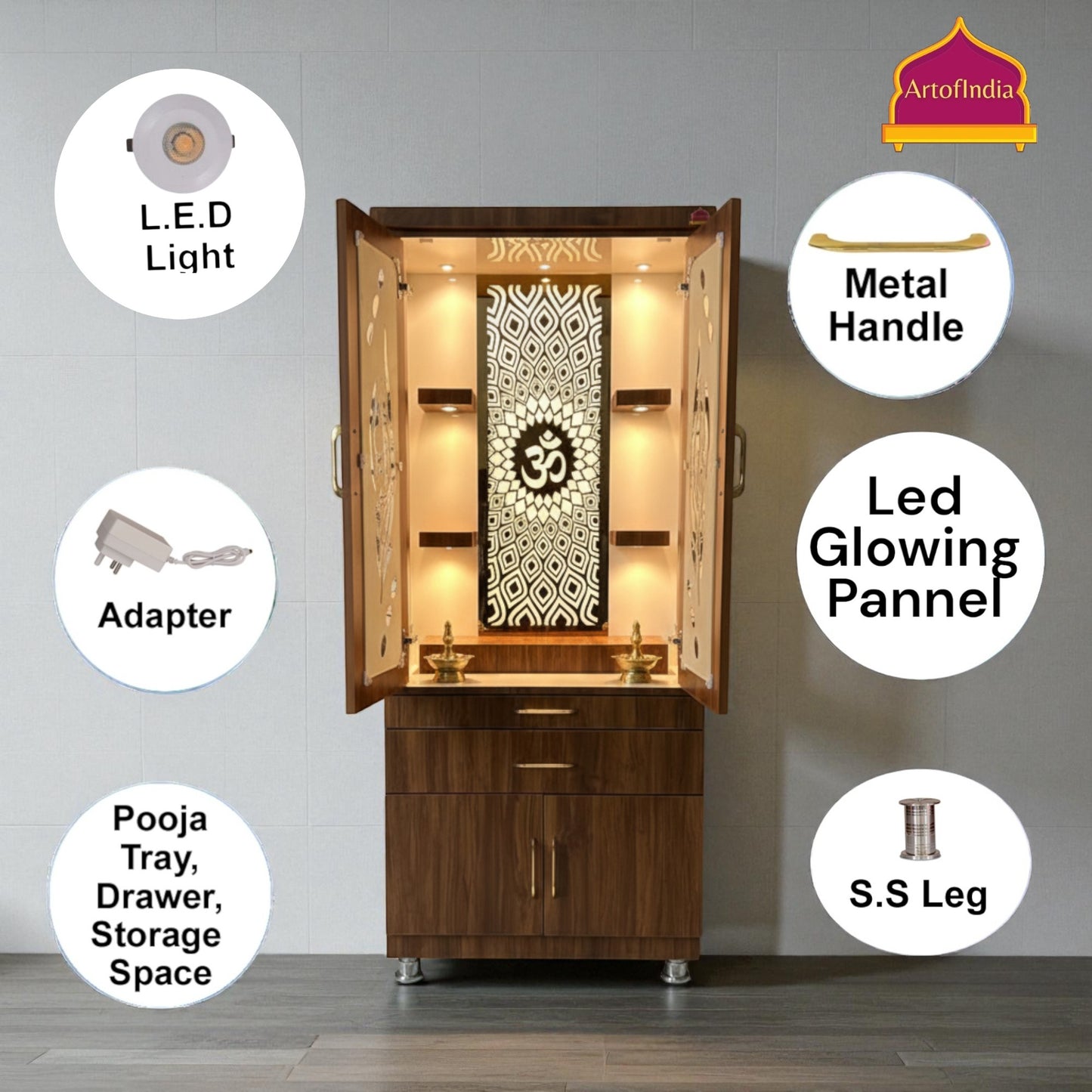 ARTOFINDIA Brown Wooden Pooja Mandir With Mor Pankh Glass Door & and Drawers Included Tray