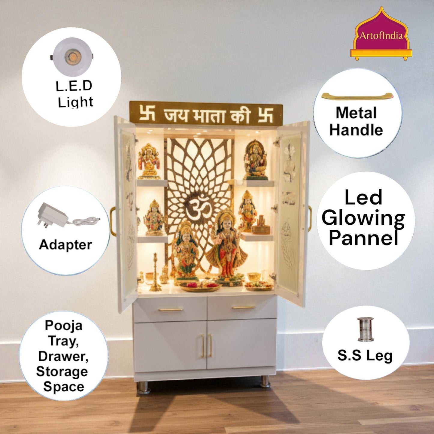 ARTOFINDIA White Wooden Pooja Mandir With  mor pankh doors ,Om jali  with shelfs  and drawers &tray