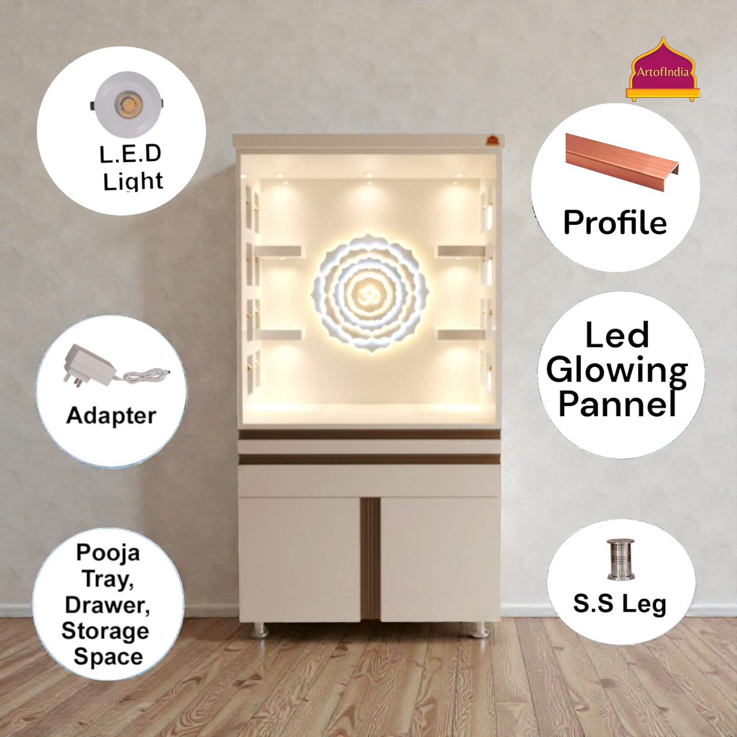 ARTOFINDIA White Wooden Pooja Mandir With Om Design  With  Drawers Included Tray