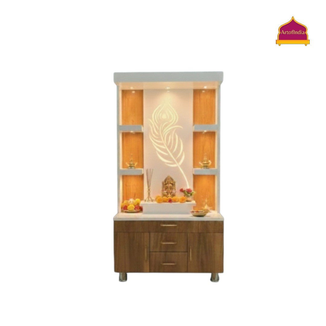 ARTOFINDIA White Wooden Pooja Mandir With Mor Pankh  Design Glass  and Drawers Included Tray