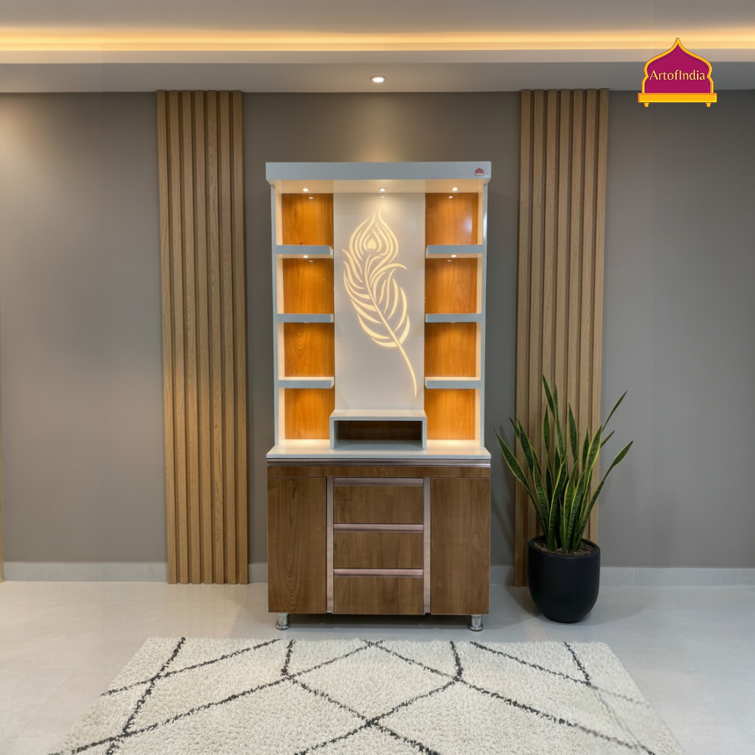 ARTOFINDIA White Wooden Pooja Mandir With Jain Glass And Doors  With  Drawers Included Tray