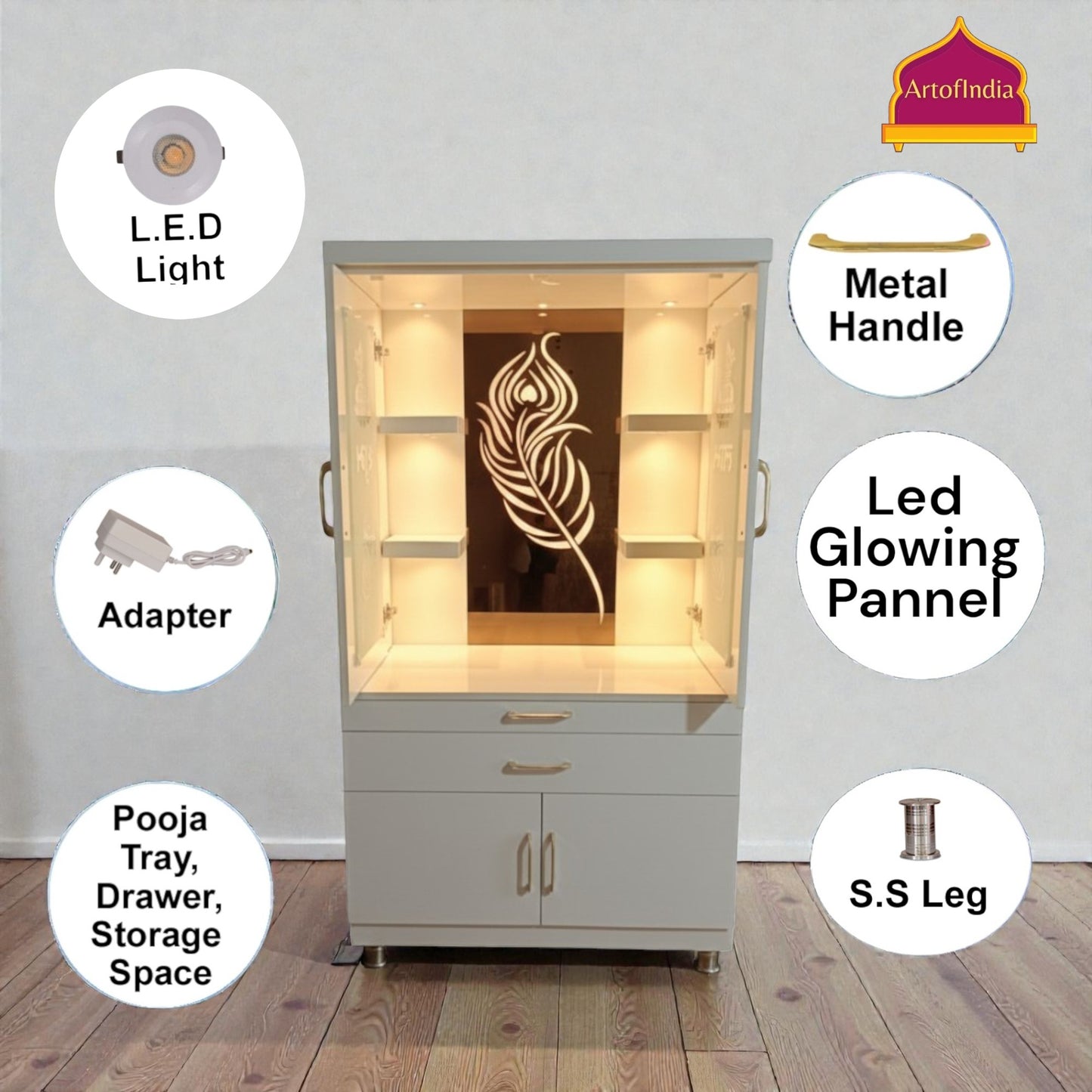 ARTOFINDIA White Wooden Pooja Mandir With Mor Pankh Design Glass  And Doors  With  Drawers Included Tray