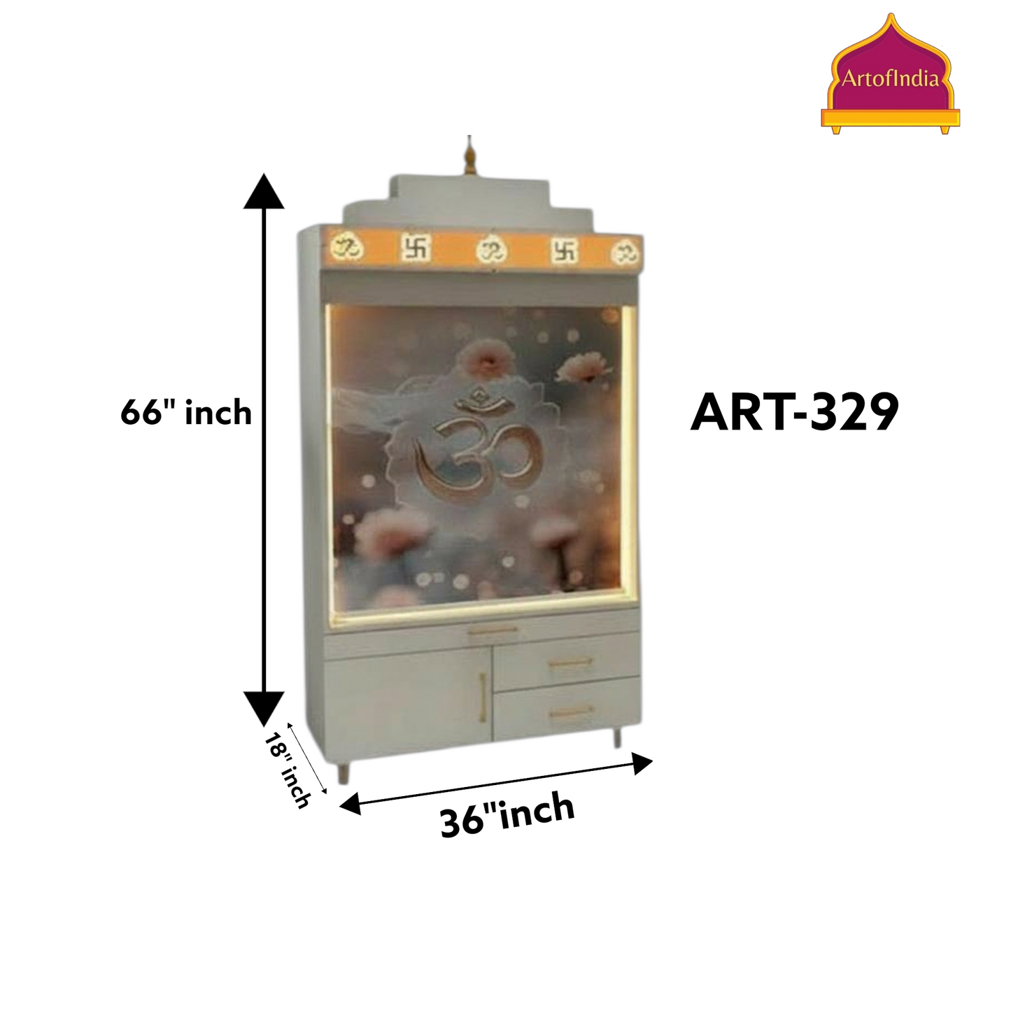 ARTOFINDIA White Wooden Pooja Mandir With Om Acralyic With  Drawers Included Tray