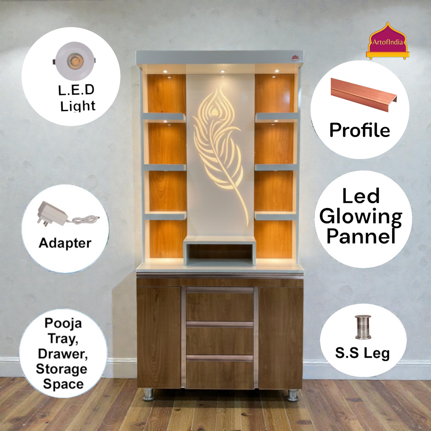 ARTOFINDIA White Wooden Pooja Mandir With Jain Glass And Doors  With  Drawers Included Tray