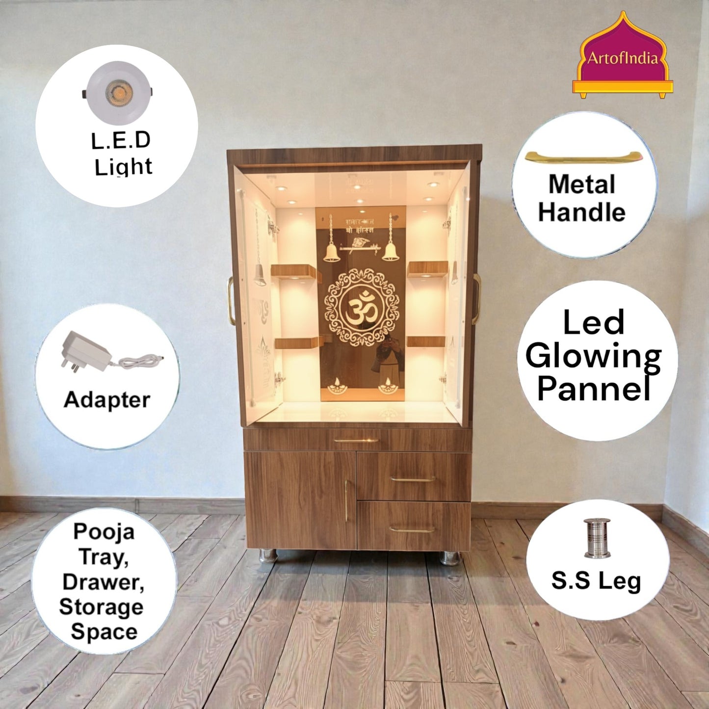 ARTOFINDIA White Brown Wooden Pooja Mandir With Om Glass & Glass Door  and Drawers Included Tray