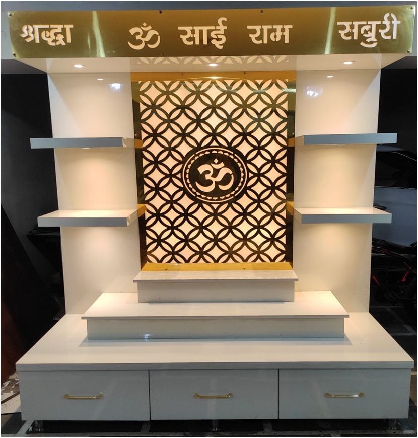 ARTOFINDIA/White Golden Pooja Om Mandir For Home/Designer Temple