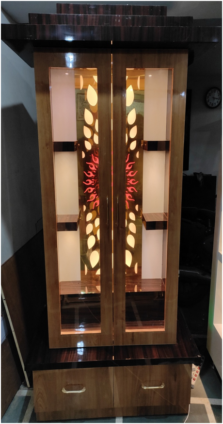 ARTOFINDIA/Om Golden Teak Brown Pooja Door Glass Mandir For Home/Designer Temple