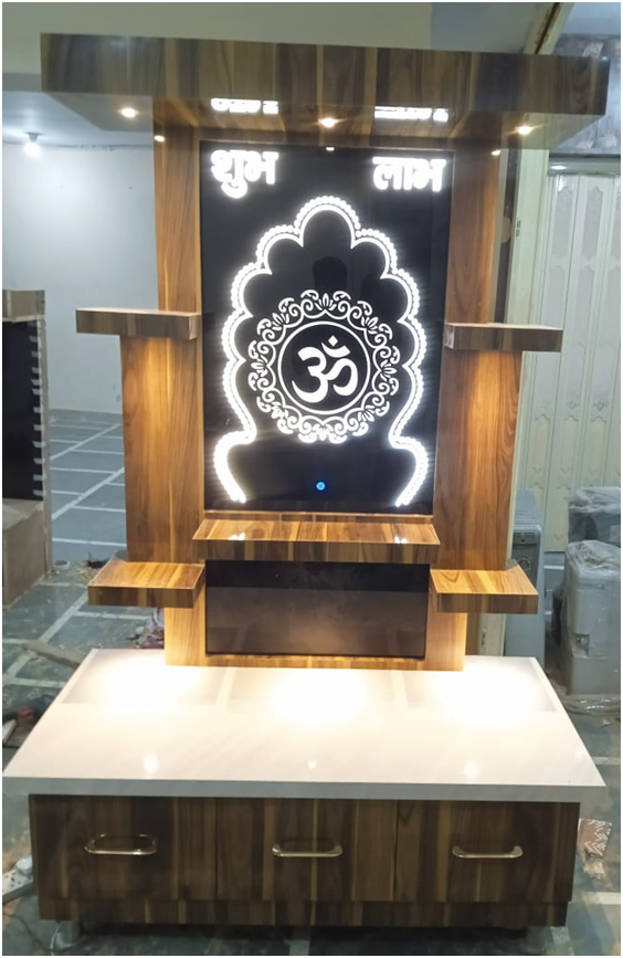 ARTOFINDIA/Beautiful 3 Color lights Wooden Temple For Home With Designer Glass  /Designer Temple