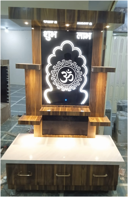 ARTOFINDIA/Beautiful 3 Color lights Wooden Temple For Home With Designer Glass  /Designer Temple