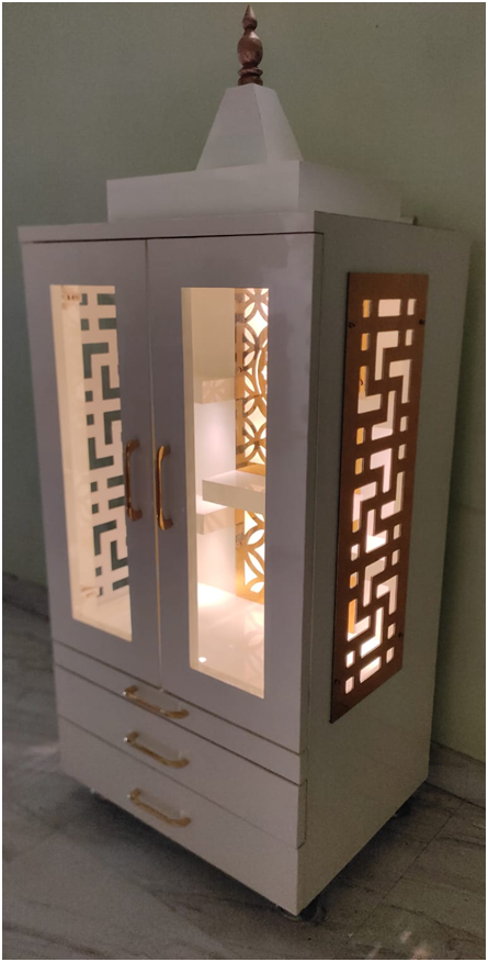 ARTOFINDIA/White And Decorative Golden Design Glass Door Wooden Mandir For Home /Designer Temple