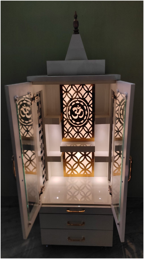 ARTOFINDIA/White And Decorative Golden Design Glass Door Wooden Mandir For Home /Designer Temple